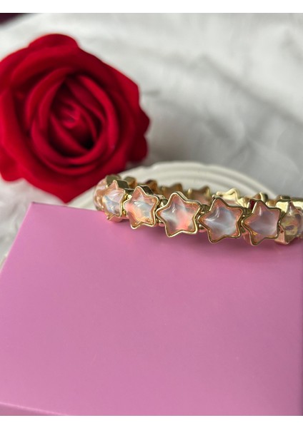Zirkon Taşlı Esnek Yıldız Bileklik Pudra Altın Renk Şık Kadın Bileklik Sevgiliye Hediye Kutulu