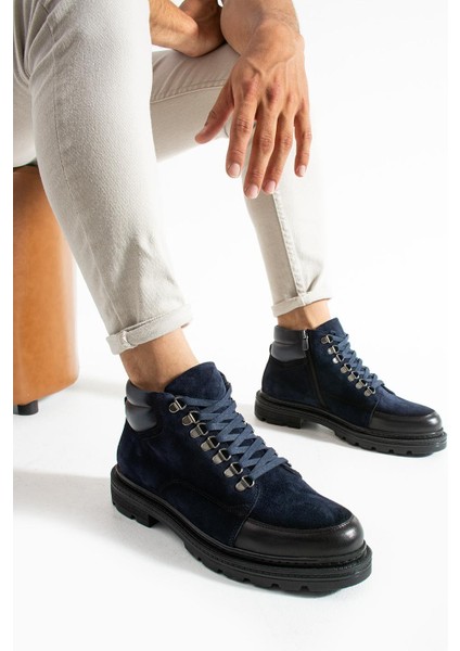 Erkek Lacivert Hakiki Deri-Süet Bot