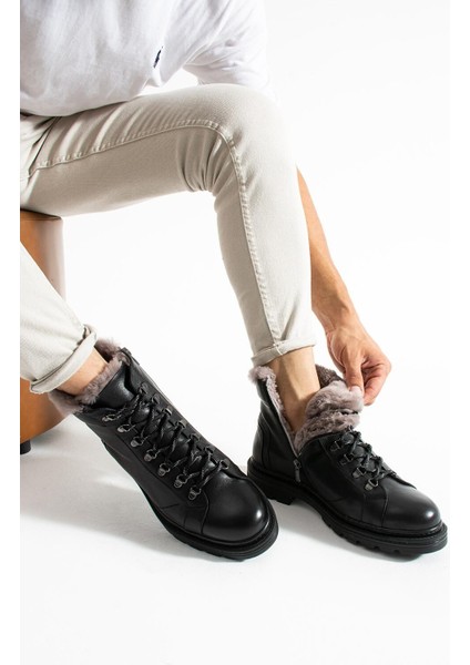 Erkek Siyah Hakiki Deri-Kürklü Bot