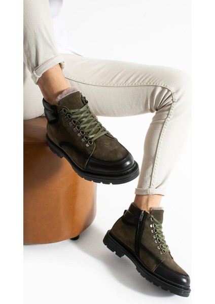 Erkek Haki Hakiki Deri-Süet Bot