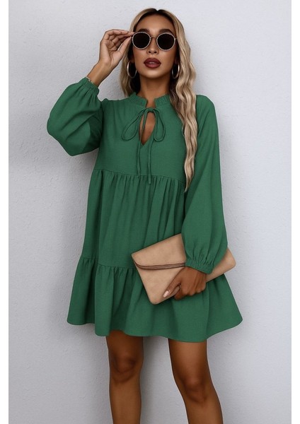 Kadın Uzun Kollu Yakadan Bağcıklı Fırfırlı Keten Mini Elbise modelleri