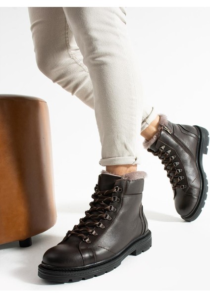 Erkek Kahverengi Hakiki Deri-Kürklü Bot