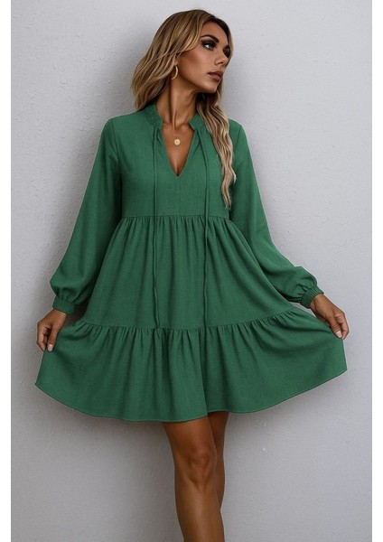 Kadın Uzun Kollu Yakadan Bağcıklı Fırfırlı Keten Mini Elbise