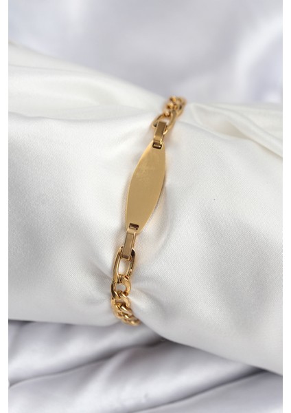 316L Çelik Gold Renk Oval Yazı Yazmaya Uygun Kadın Bileklik - TJ-BB7917