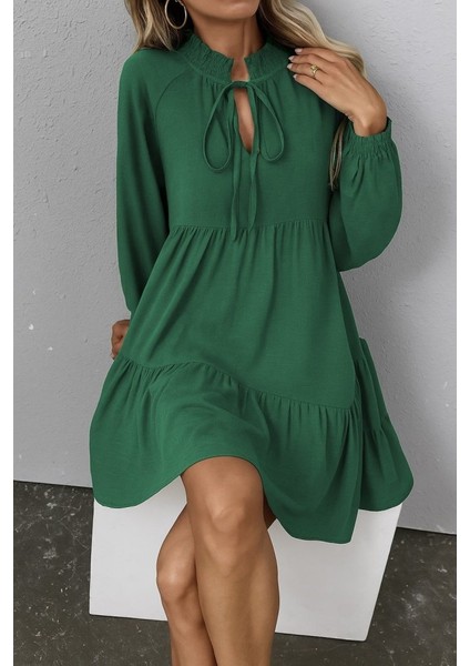 Kadın Uzun Kollu Yakadan Bağcıklı Fırfırlı Keten Mini Elbise fiyatları