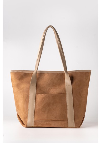 Kadın Büyük Boy Süet Cepli Omuz Kol Çantası Krem Rengi