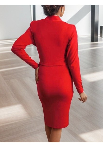 Kadın Uzun Kollu Kruvaze Yaka Bağcık Detay Akrilik Mini Boy Elbise