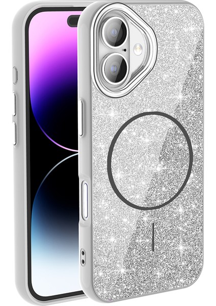 Apple iPhone 16 Kılıf M-Safe Şarj Özellikli Parlayan Simli Zore Okso Kapak