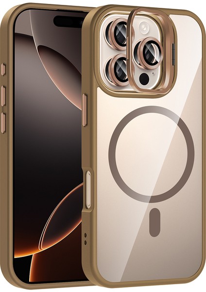 Apple iPhone 16 Pro Max Kılıf Standlı ve Kamera Lens Hediyeli M-Safe Şarj Özellikli Zore Etro Kapak