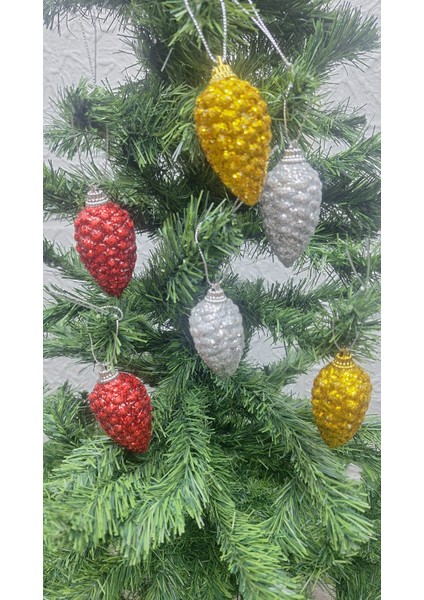 Yılbaşı Çam Ağacı Süsü Renkli Kozalak Gold Kırmızı Gümüş Simli 6 Adet