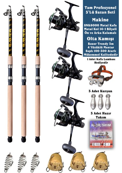 Profesyonel Sazan Olta Seti Ultra Pro 3'lü Set 100-300 Atarlı Olta Kamışı 14+1 Bilyeli Olta Makinesi