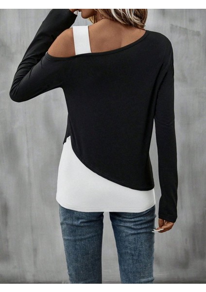 Kadın Tek Omuzu Açık Askılı Çift Renkli Uzun Kollu Viskon Bluz modelleri