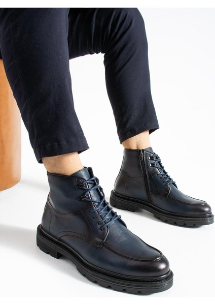 Erkek Lacivert Hakiki Deri Bot