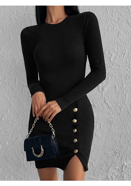 Kadın Siyah Uzun Kollu Bisiklet Yaka Yan Yırtmaç Düğme Detay Kısa Kaşkorse Elbise