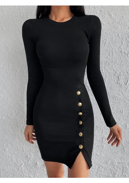 Kadın Siyah Uzun Kollu Bisiklet Yaka Yan Yırtmaç Düğme Detay Kısa Kaşkorse Elbise