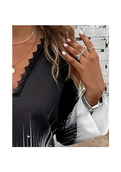 Kadın Uzun Kollu V Dantel Yaka Desenli Modal Bluz fiyatları