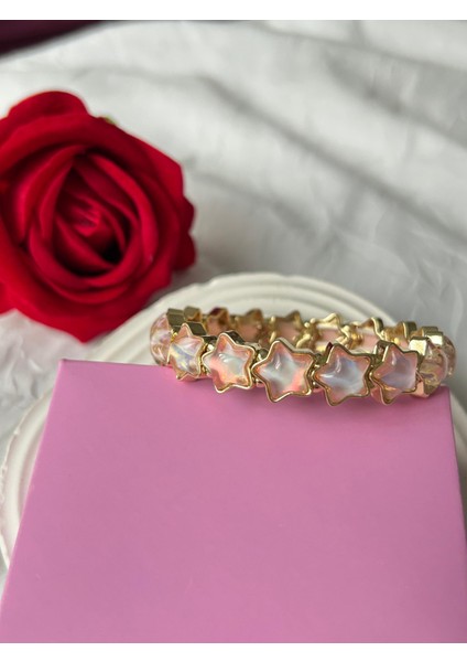 Zirkon Taşlı Esnek Yıldız Bileklik Pudra Altın Renk Şık Kadın Bileklik Sevgiliye Hediye Kutulu