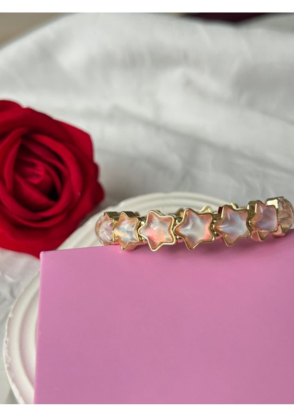 Zirkon Taşlı Esnek Yıldız Bileklik Pudra Altın Renk Şık Kadın Bileklik Sevgiliye Hediye Kutulu