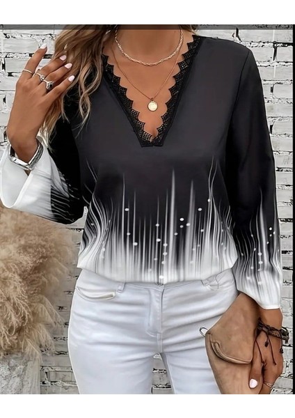 Kadın Uzun Kollu V Dantel Yaka Desenli Modal Bluz fırsatları