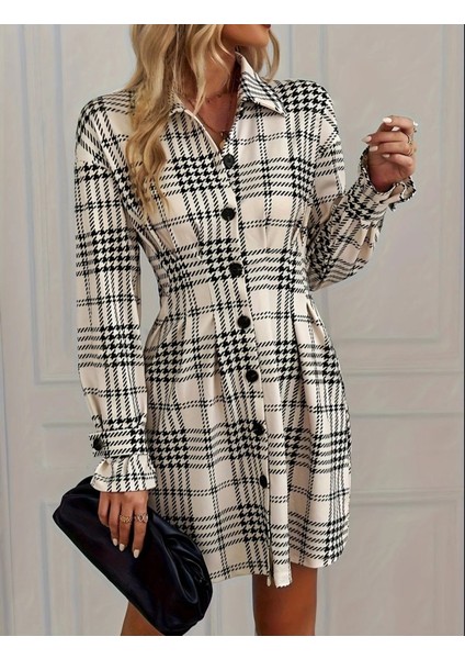 Kadın Uzun Kollu Yakalı Önü Düğmeli Mini Modal Elbise
