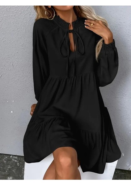 Kadın Uzun Kollu Yakadan Bağcıklı Fırfırlı Keten Mini Elbise fiyatları