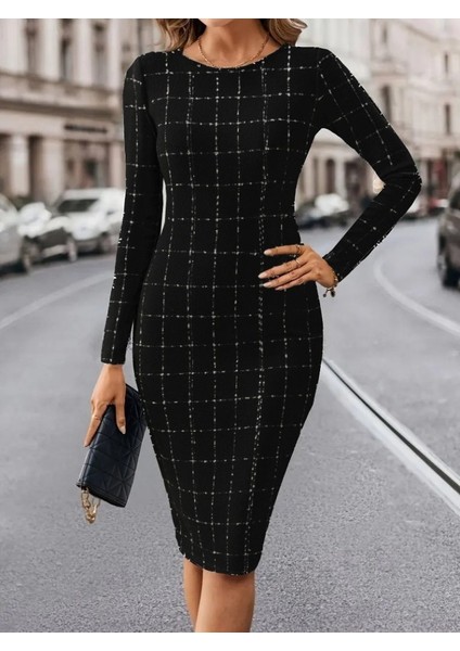 Kadın Uzun Kollu Yuvarlak Yaka Mini Dokuma Elbise