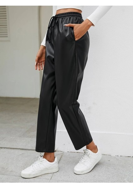 Kadın Yüksel Bel Bağcıklı Deri Pantolon modelleri