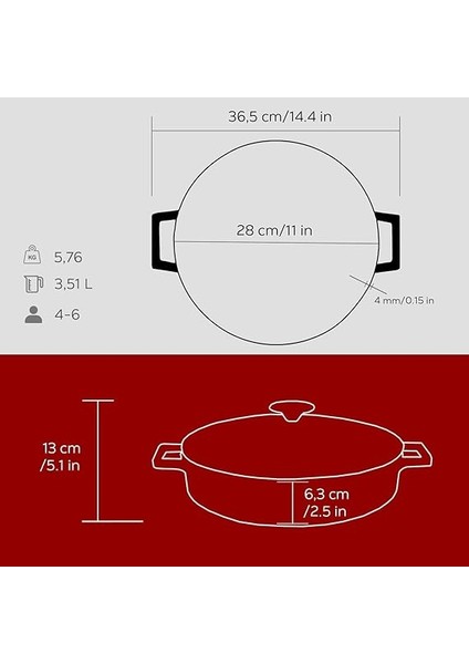Metal Döküm Çok Amaçlı Yayvan Tencere, Trendy, 28 Cm, 3.51 L Hacim, Kırmızı indirimleri