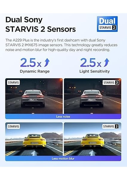 A229 Plus 2 Kameralı Ön+Arka 2k+2k Hdr Sony Starvis 2 Sensörlü Wi-Fi Gps'li Araç Kamerası modelleri
