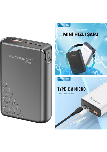 A6Q Powerbank 10.000 Mah USB 3.0 ve 20W Pd Type-C Çıkışlı