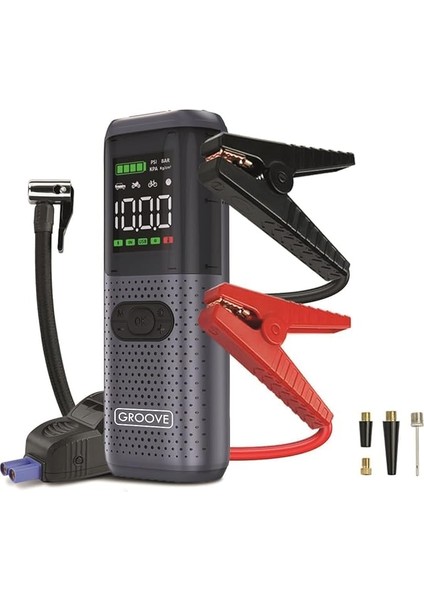 HCB002 24400MAH 3000A Akü Takviye Cihazı + Lastik Şişirme Kompresörü Taşınabilir Jump Starter (Kompresör+Powerbank+Led Lamba+Lcd Ekran)
