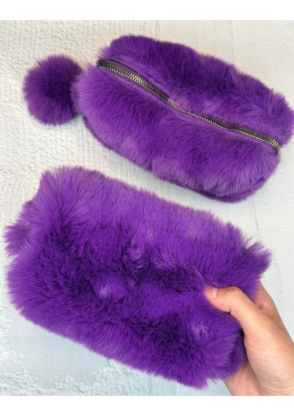 Ponponlu Peluş Mor Kalem Kutu Kalemlik Toparlayıcı Çanta