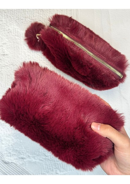 Ponponlu Peluş Bordo Kalem Kutu / Kalemlik / Toparlayıcı /çanta