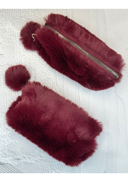 Ponponlu Peluş Bordo Kalem Kutu / Kalemlik / Toparlayıcı /çanta fırsatları
