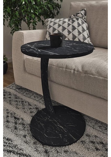 Tekerlekli C Sehpa Koltuk Sehpası Yan Sehpa Zigon Sehpa Servis Sehpası - Siyah Mermer Desen fiyatları