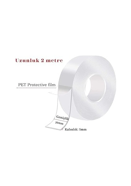 2 Metre Su Sızdırmaz Çift Taraflı Şeffaf Bant LTS-BND06 (Uzunluk 2m, GENIŞLIK:30MM, Kalınlık:1mm) Ekstra Güçlü Yıkanabilir Ince Nano Bant, Halı, Ev, Mutfak, Banyo, Araba Veya Ofis fiyatları