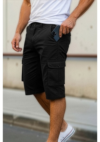 Likralı Gabardin Bermuda Şort - Erkek Şort - Kapri Şort - Siyah Şort