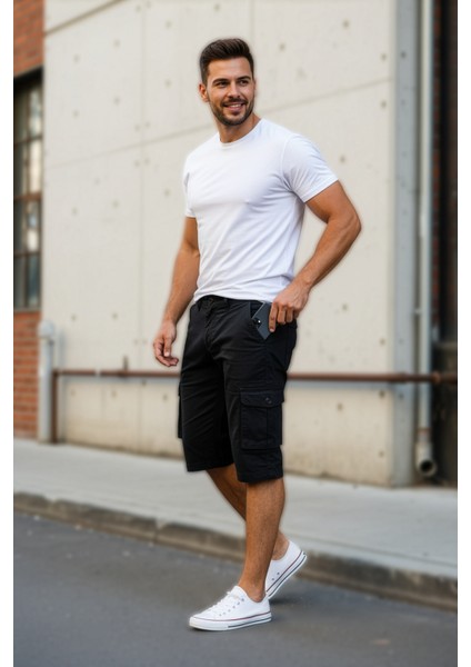 Likralı Gabardin Bermuda Şort - Erkek Şort - Kapri Şort - Siyah Şort fırsatları