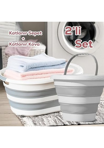 2li Katlanır Temizlik Seti - Katlanır Sepet 25LT - Katlanır Kova 10LT Beyaz - Gri fiyatları