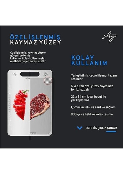 Home Özel Tasarımlı 304 Paslanmaz Çelik Kesme Tahtası 3lü Set (Saklama Kılıfı, Kesme Tahtası ve Silikon Kaydırmaz Mat)1,5 mm Kalınlık, 23 x 34 cm Yıkanabilir, Gıda Temasına Uygun, Hijyenik indirimleri