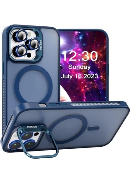 iPhone Için Kılıf Kamera Korumalı Magsafe Wireless Şarj Özellikli Lens Hediyeli Mat Şeffaf Renkli Standlı Kılıf (Lacivert, iPhone 13 Pro)