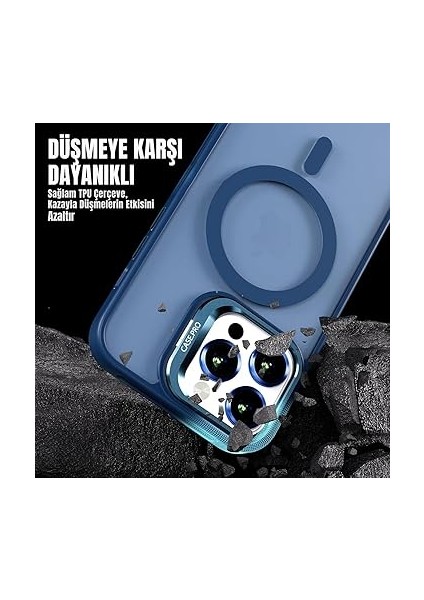 iPhone Için Kılıf Kamera Korumalı Magsafe Wireless Şarj Özellikli Lens Hediyeli Mat Şeffaf Renkli Standlı Kılıf (Lacivert, iPhone 13 Pro) modelleri