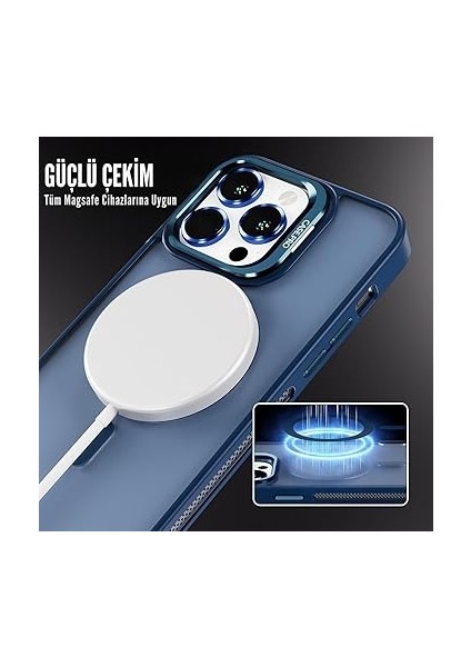 iPhone Için Kılıf Kamera Korumalı Magsafe Wireless Şarj Özellikli Lens Hediyeli Mat Şeffaf Renkli Standlı Kılıf (Lacivert, iPhone 13 Pro) indirimleri