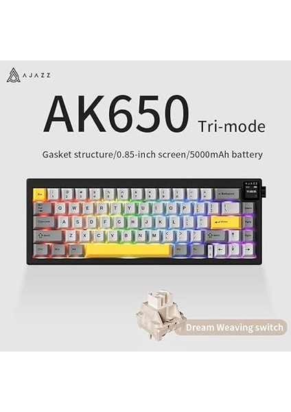 Ajazz AK650 Kablosuz Mekanik Klavye 3 Modlu Tft Ekranlı Hot-Swap-65 Tuşlu Rgb Siyah/dream Switch modelleri