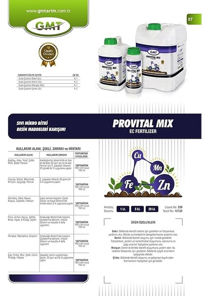 Provital Mix 1 Lt (Sıvı Mikro Bitki Besin Maddeleri Karışımı) modelleri