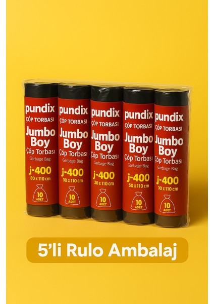 J400 Jumbo Boy Çöp Torbası (80X110 Cm) – 5 Rulo (Toplam 50 Adet)