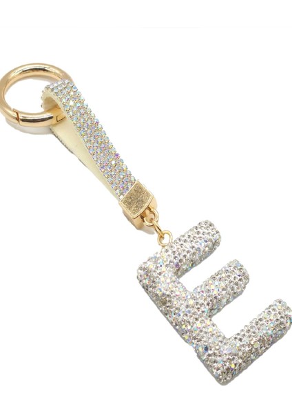 E Harfi Taşlı Beyaz Anahtarlık Parıltılı Çanta Aksesuarı ve Anahtarlık