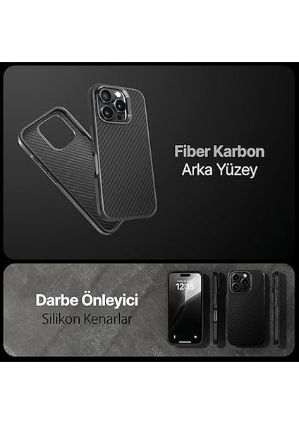 iPhone 16 Pro Için Fiber Karbon Materyal Arka Bölüm Metal Lens Çerçeveli ve Metal Tuşlu Sararmayan ve Çizilmeyen Güçlü Darbe Emici Premium Silikon Kılıf (Gri, 16 Pro) fiyatları