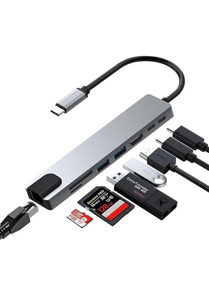Macbook Pro Air Için USB Type-C Hub Dönüştürücü 8 In 1 Çoklayıcı - Hdmı, 2 Adet USB 3.0, 2 Adet USB C, Sd/microsd, Ethernet - Çevirici 8li Port USB C Adaptör Bağlantı Noktası Ara Kablo