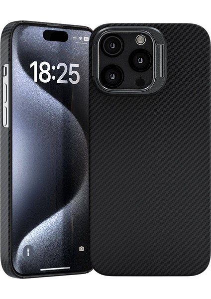 Apple iPhone 15 Pro Kılıf M-Safe Şarj Özellikli 600D Kevlar Zore Krek Karbon Standlı Kapak